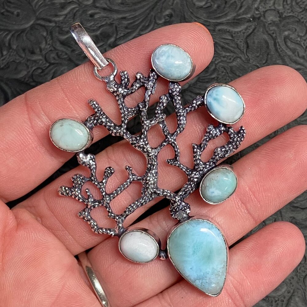 Larimar Sea Fan Coral Pendant Ornament Stone Crystal Jewelry - Picture 3 of 6
